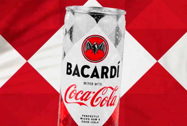 Coca-Cola and Bacardi merge in a cocktail in a can